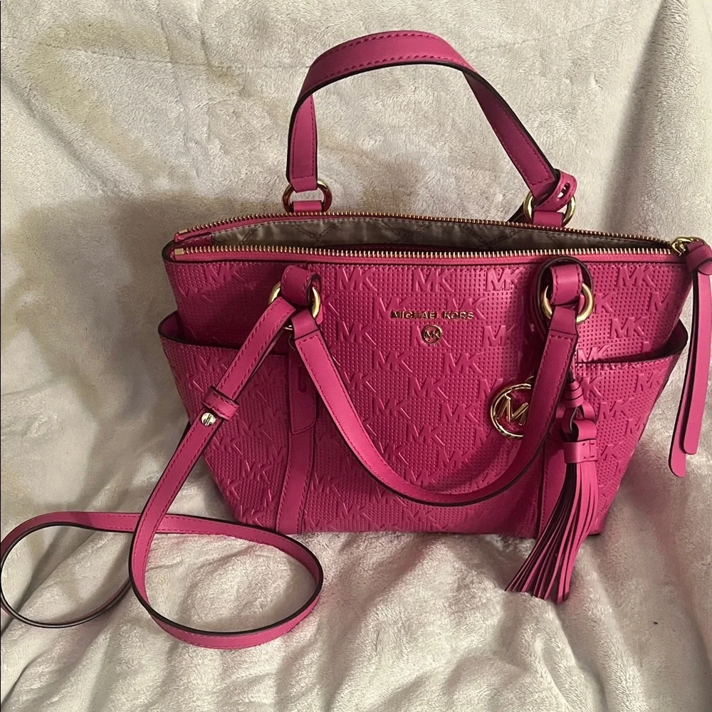 Michael Kors Hot Pink Embossed Leather Tote with Tassel Charm - Picture 4 of 4